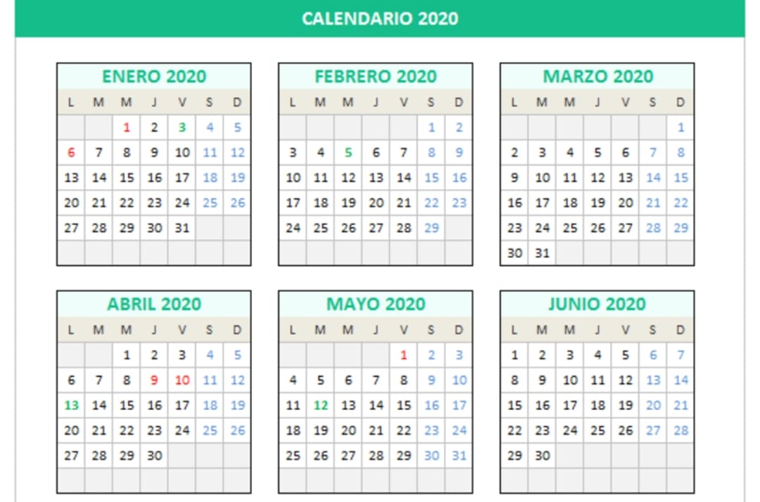 Plantilla excel Calendario 2020