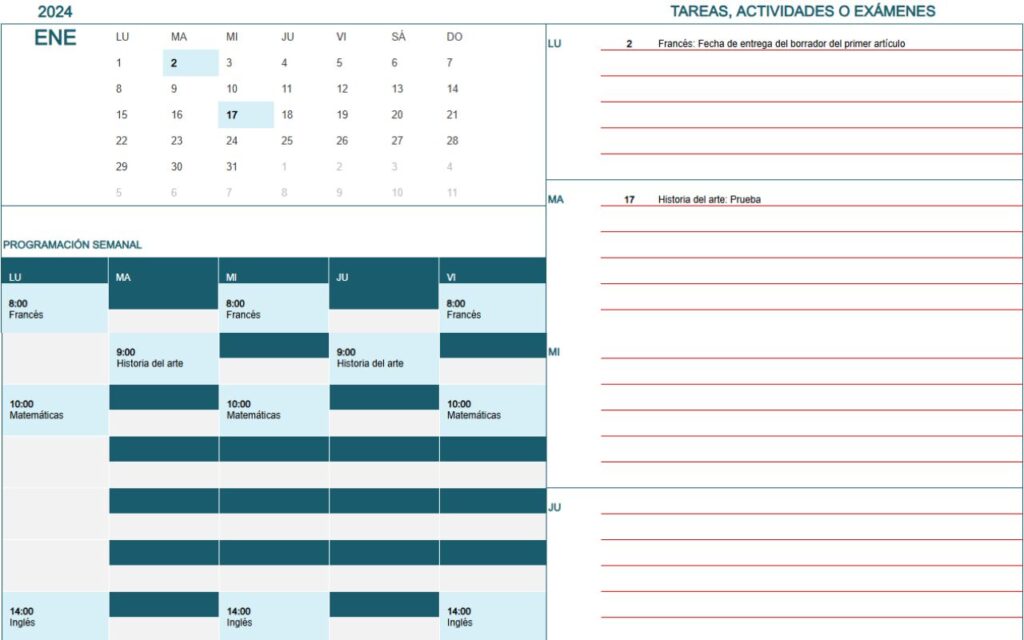 plantilla excel calendario examenes